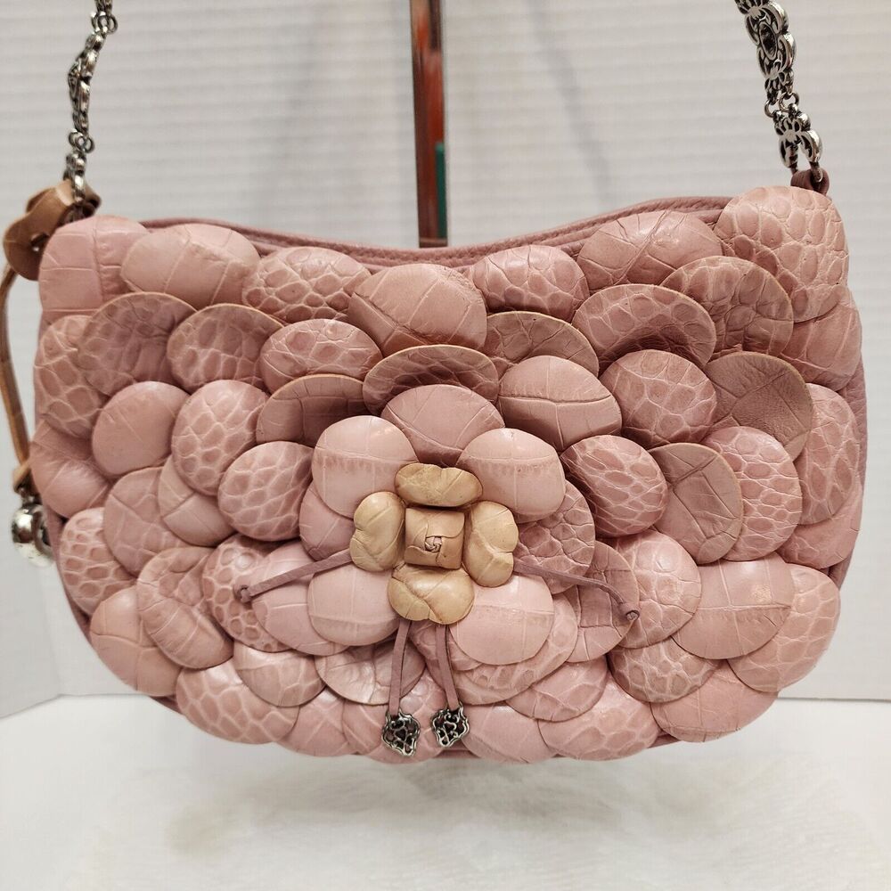 Brighton Rosalie Pink Leather Handbag with 3D Flower Petal Silvertone Detail